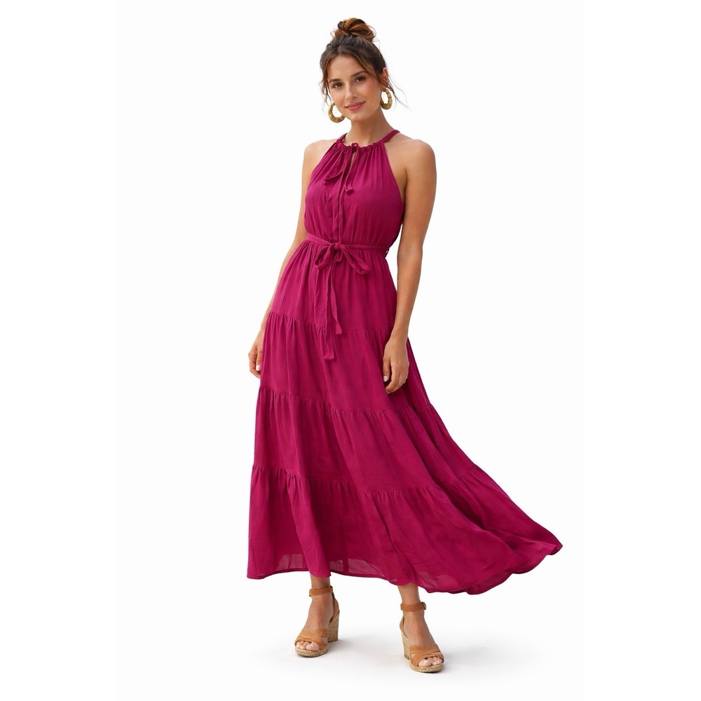 Bluivy Boho Magenta Tiered Halter Tie Waist Dress Flowy Resort M spring wedding